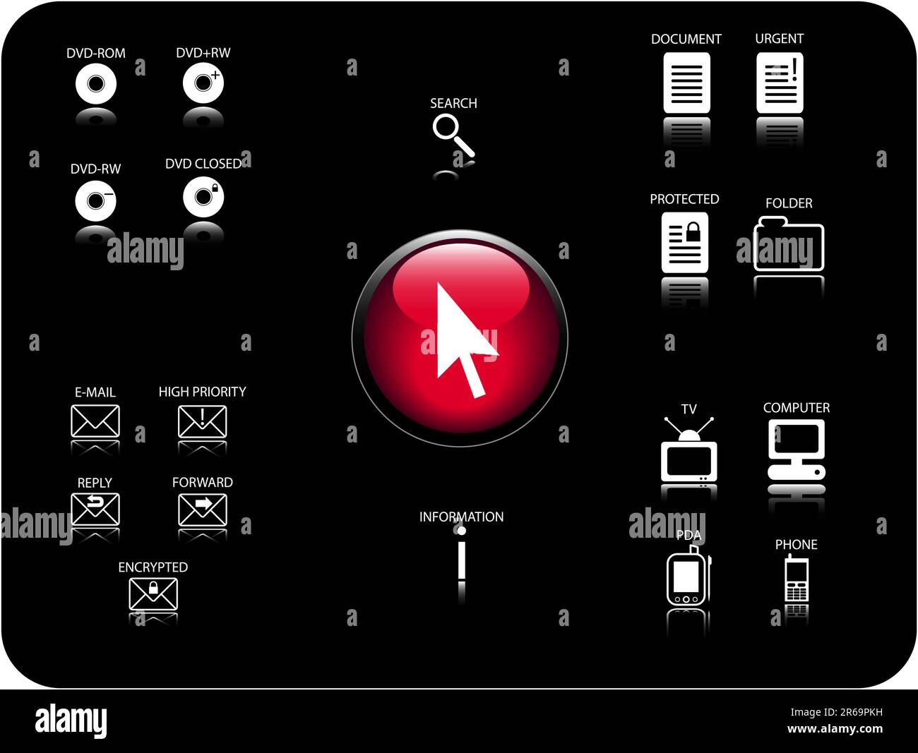 Glanz-3D-Symbol und verschiedene andere Symbole mit Reflexion. Thema: E-Mail, DVD, Elektronik und Dokumente. Stock Vektor