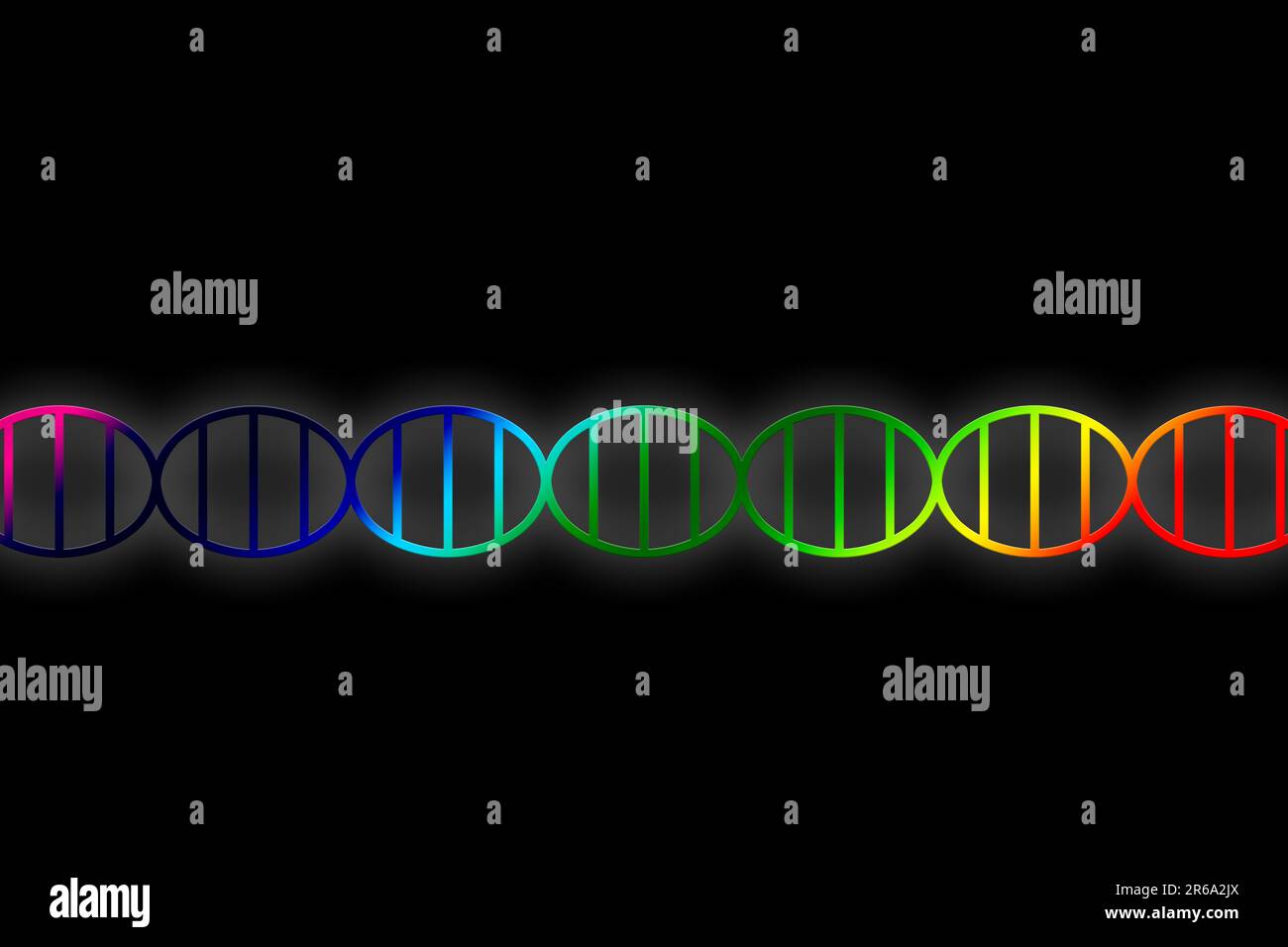 DNA-Doppelhelix-Darstellung in Regenbogenfarben auf schwarzem Hintergrund, Genom oder genetisches Konzept Stockfoto