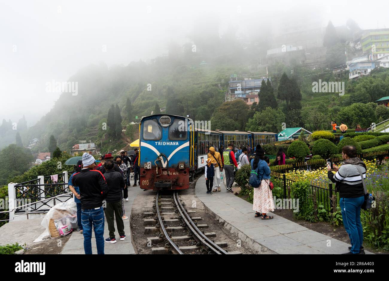 DARJEELING, INDIEN, 25. MAI: Touristen fahren am 25. Mai 2023 in Darjeeling, Indien, in einem Spielzeugzug der Darjeeling Himalayan Railway (DHR). Darjeeling Stockfoto