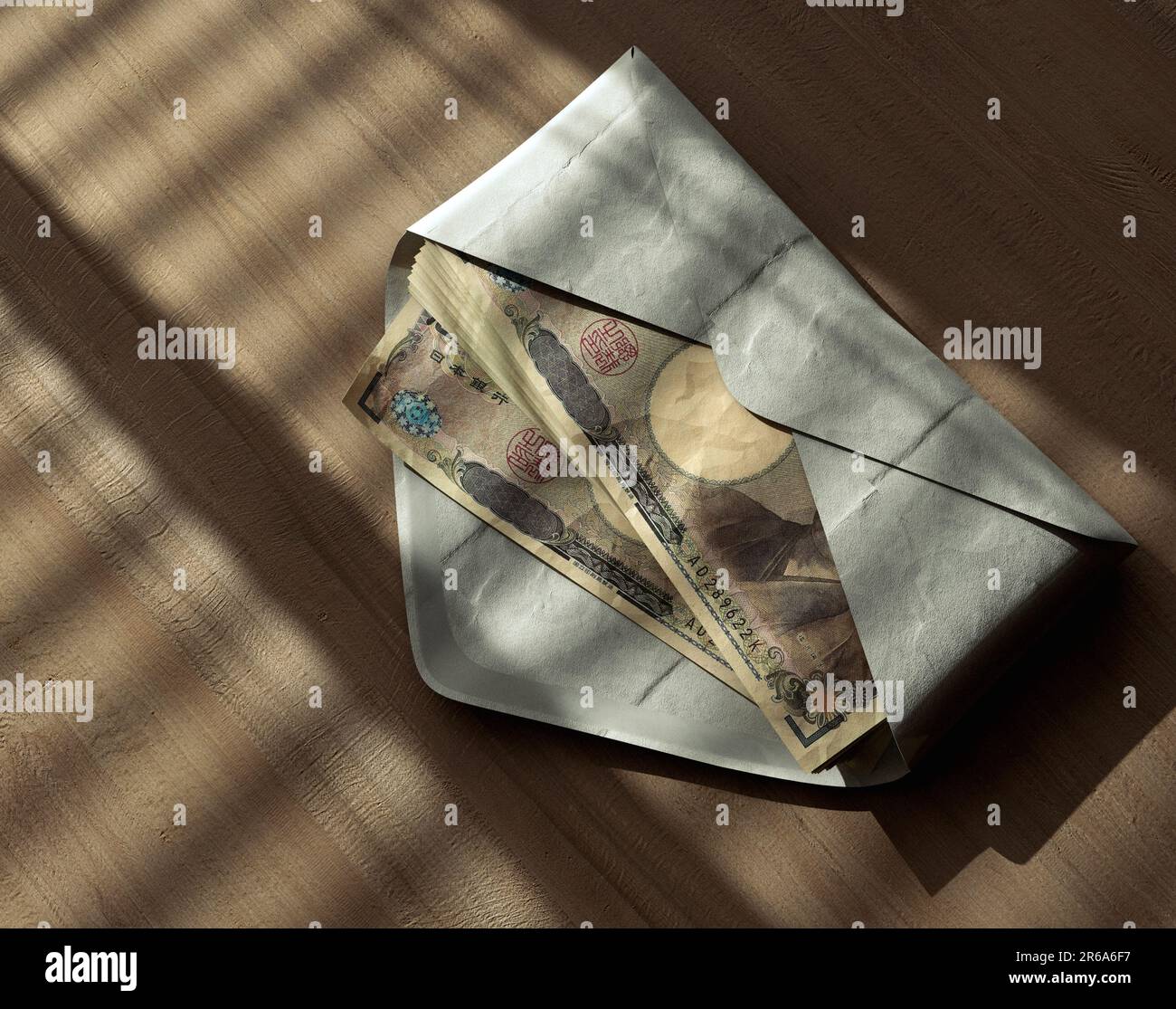 Ein Stapel Yen-Banknoten in einem Umschlag auf einer Holzfläche unter stimmungsvoller Beleuchtung - 3D-Darstellung Stockfoto