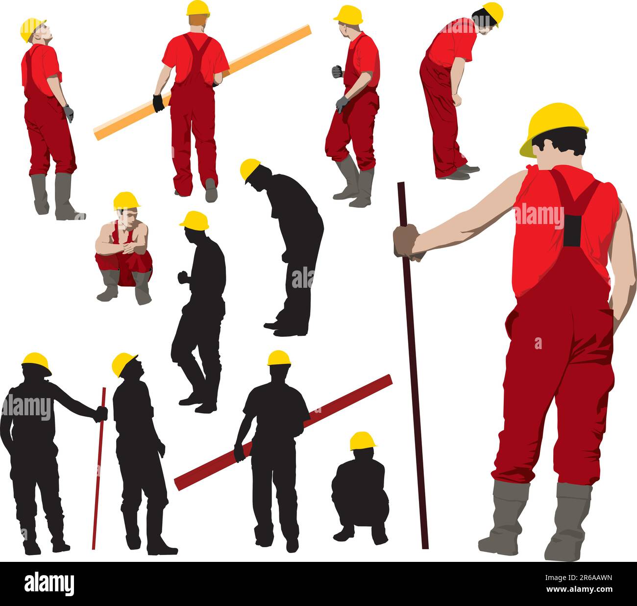 Team von Bauarbeitern in der roten Arbeitskleidung eine gelbe Helme. Vektor-Illustration und Silhouetten Stock Vektor