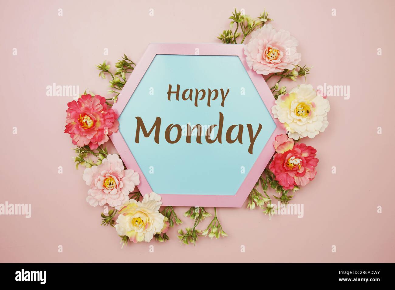Happy Monday Typografie Text dekorieren mit Blume auf pinkfarbenem Hintergrund Stockfoto