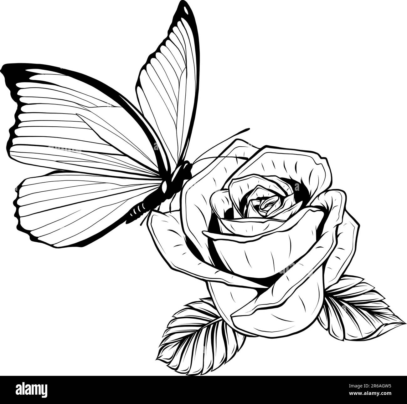 Einfarbige Blume und Schmetterling. Ein Tattoo zeichnen. Vektordarstellung. Stock Vektor