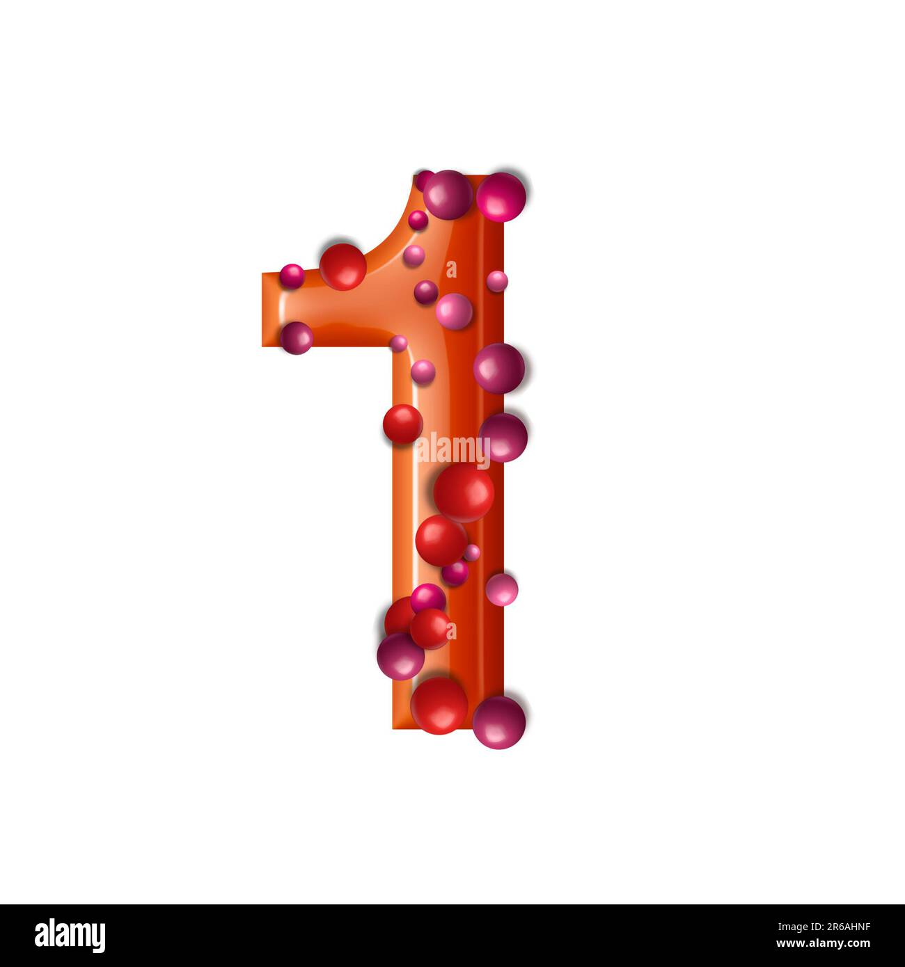 3D Alphabet, orangefarbene Zahlen mit Safttropfen, weißer Hintergrund, 3D-Rendering, Nummer eins Stockfoto