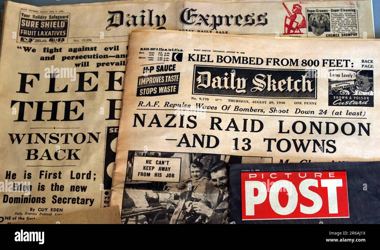 Verschiedene Zeitungen aus dem Zweiten Weltkrieg, Daily Express, Daily Sketch und Picture Post - die Nazis überfallen London und 13 Städte, Winston zurück Stockfoto