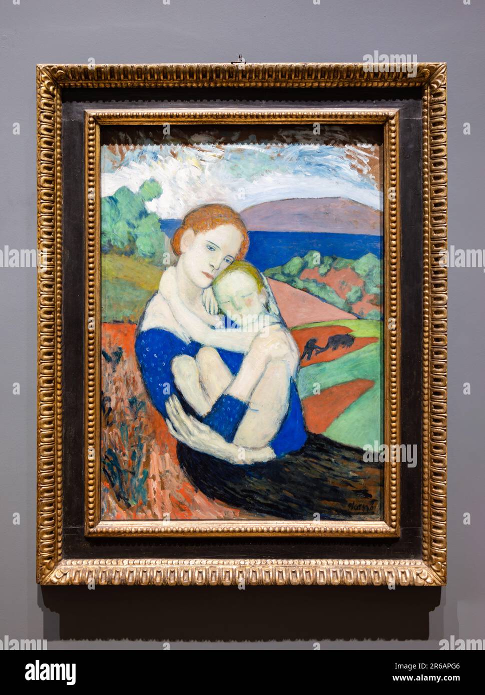 Mutterschaft (La Maternité) von Pablo Picasso. Es wurde 1901 von Pablo Picasso im Post-Impressionismus-Stil erschaffen. Ausgestellt in der Nationalgalerie von Stockfoto