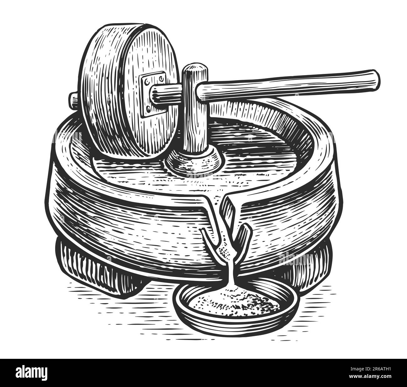 Mühlrad mit Griffhalterung. Verarbeitung von Getreidesamen zu Mehl zum Kochen. Handgezeichnete Skizze Stockfoto