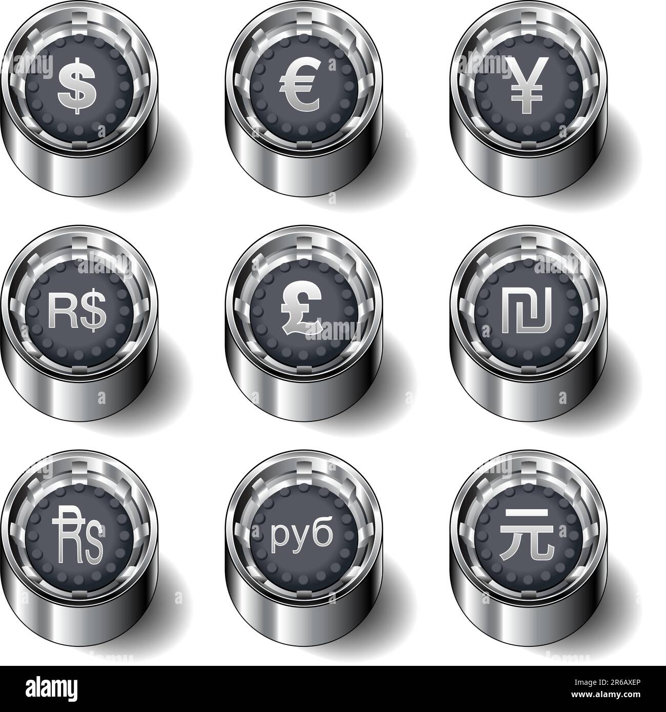 Internationale Währungssymbole auf modernen Gummivektorknöpfen Stock Vektor