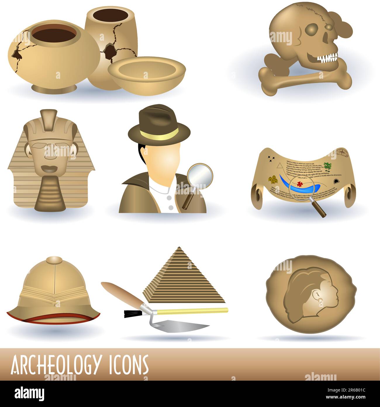 Set mit neun archäologischen braunen Illustrationen. Stock Vektor