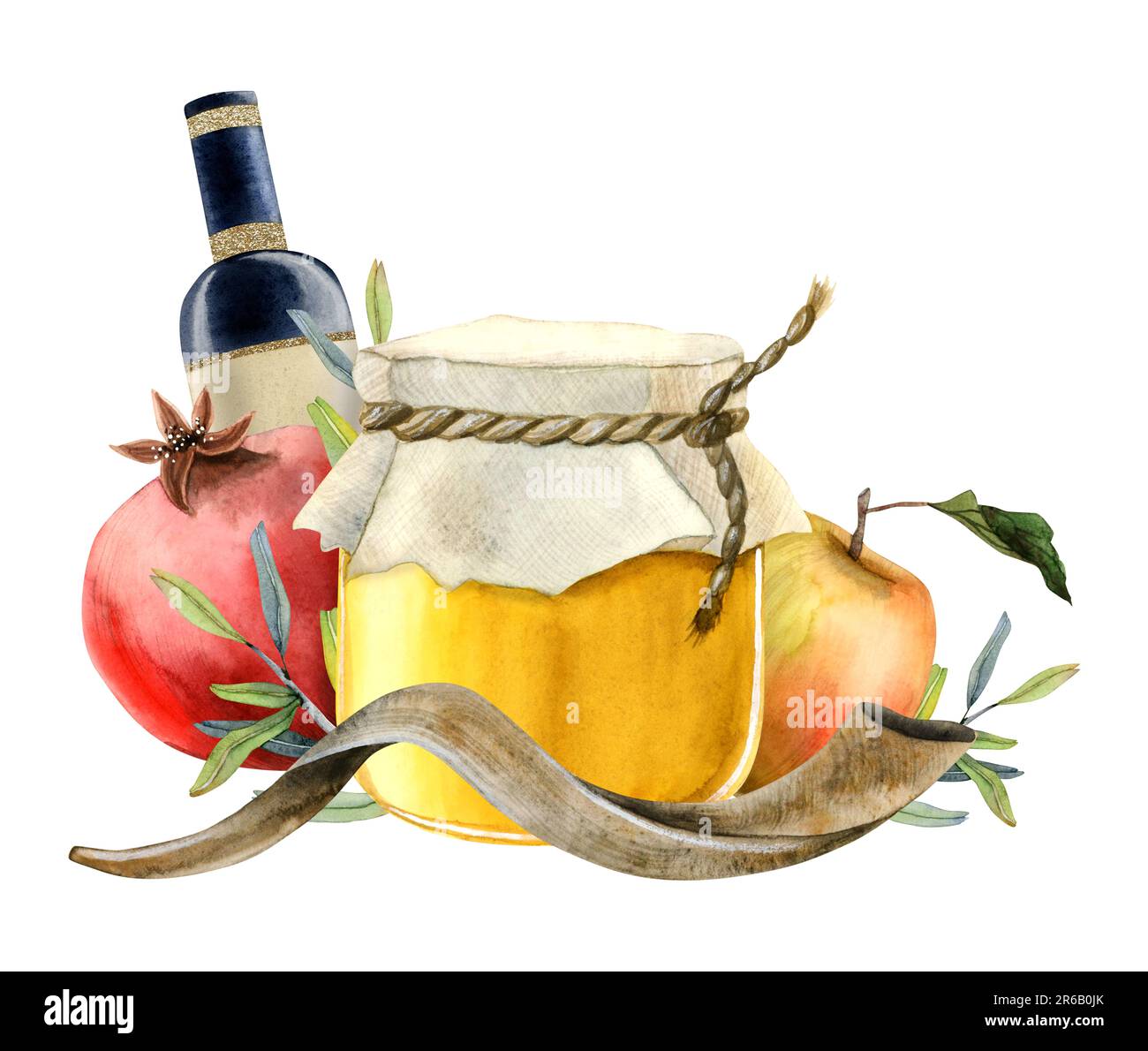 Happy Rosh Hashanah Grußkartenvorlage mit Honig, Granatapfelfrucht, Apfel, Schofar, Wein Aquarell Illustration Stockfoto