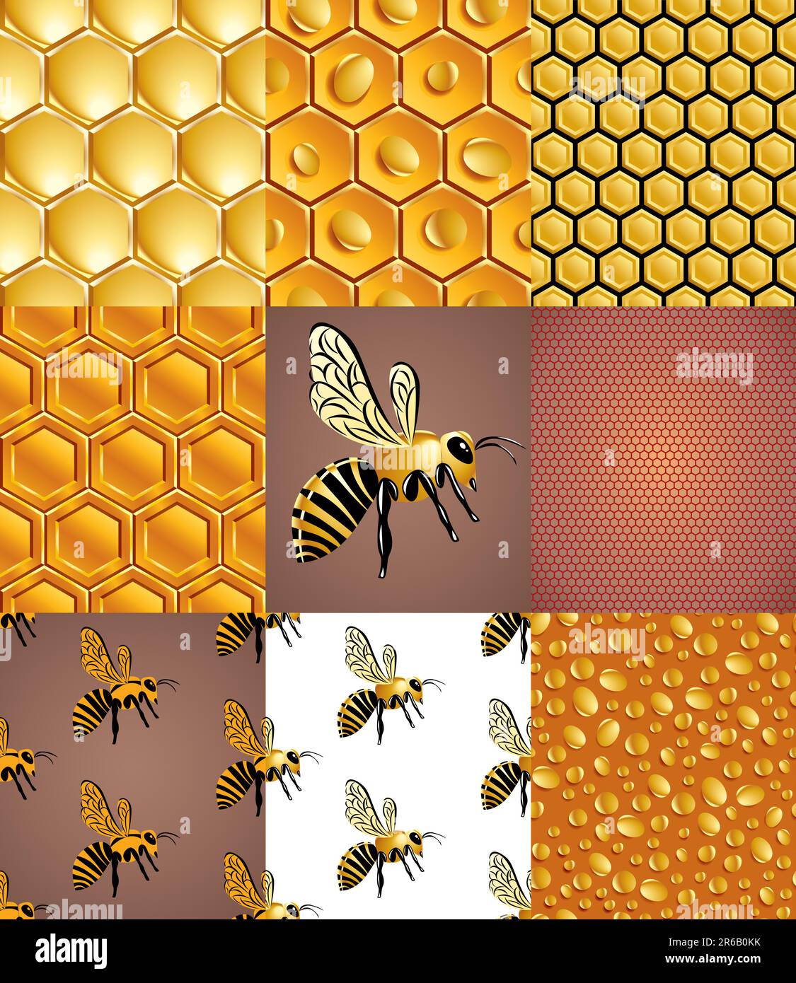 Hintergrund für Bienen, Zellen und Honigtropfen, nahtlose Muster Stock Vektor