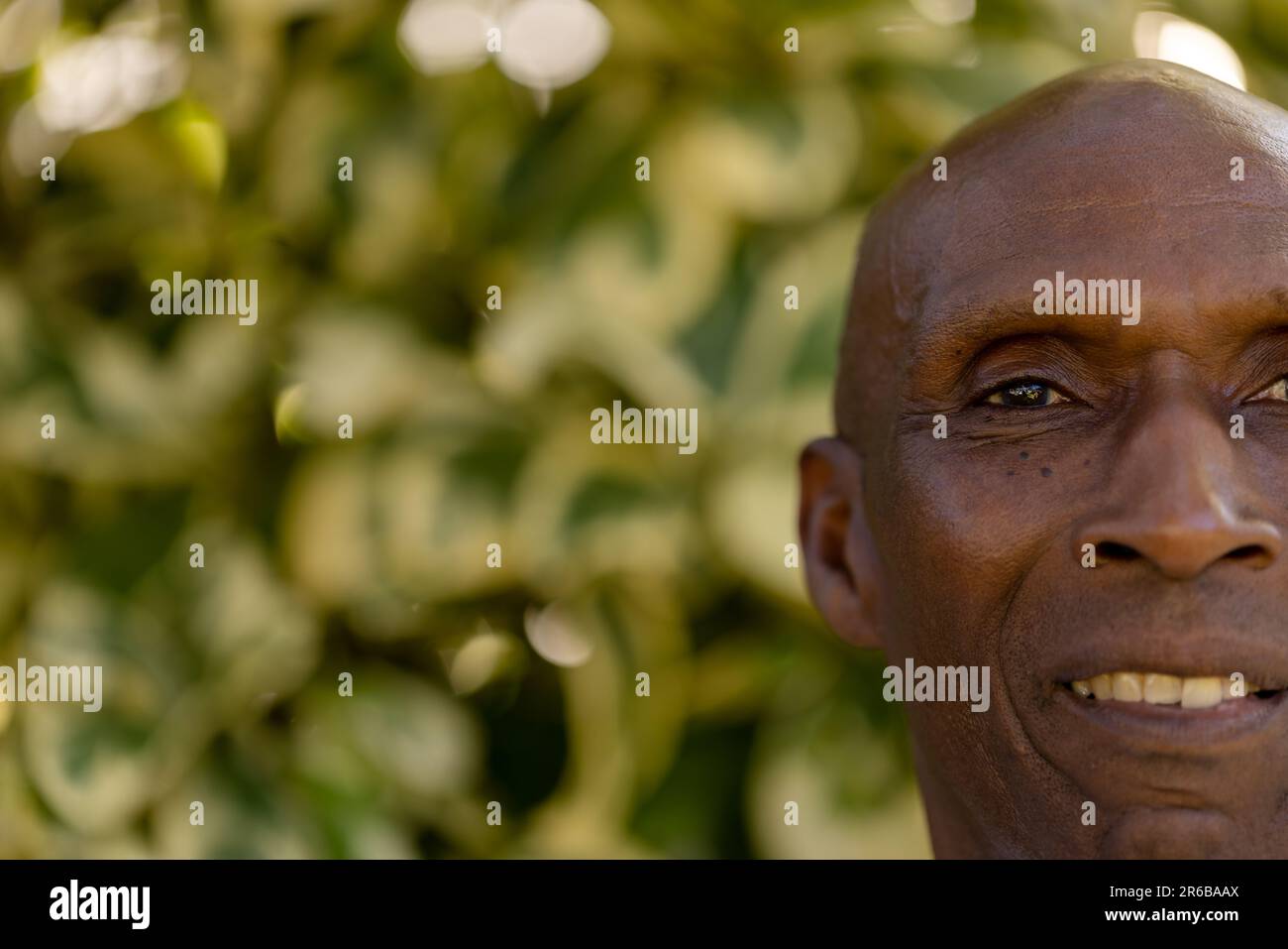 Ein halbes Porträt eines lächelnden afroamerikanischen Senioren in der Natur mit Kopierraum Stockfoto