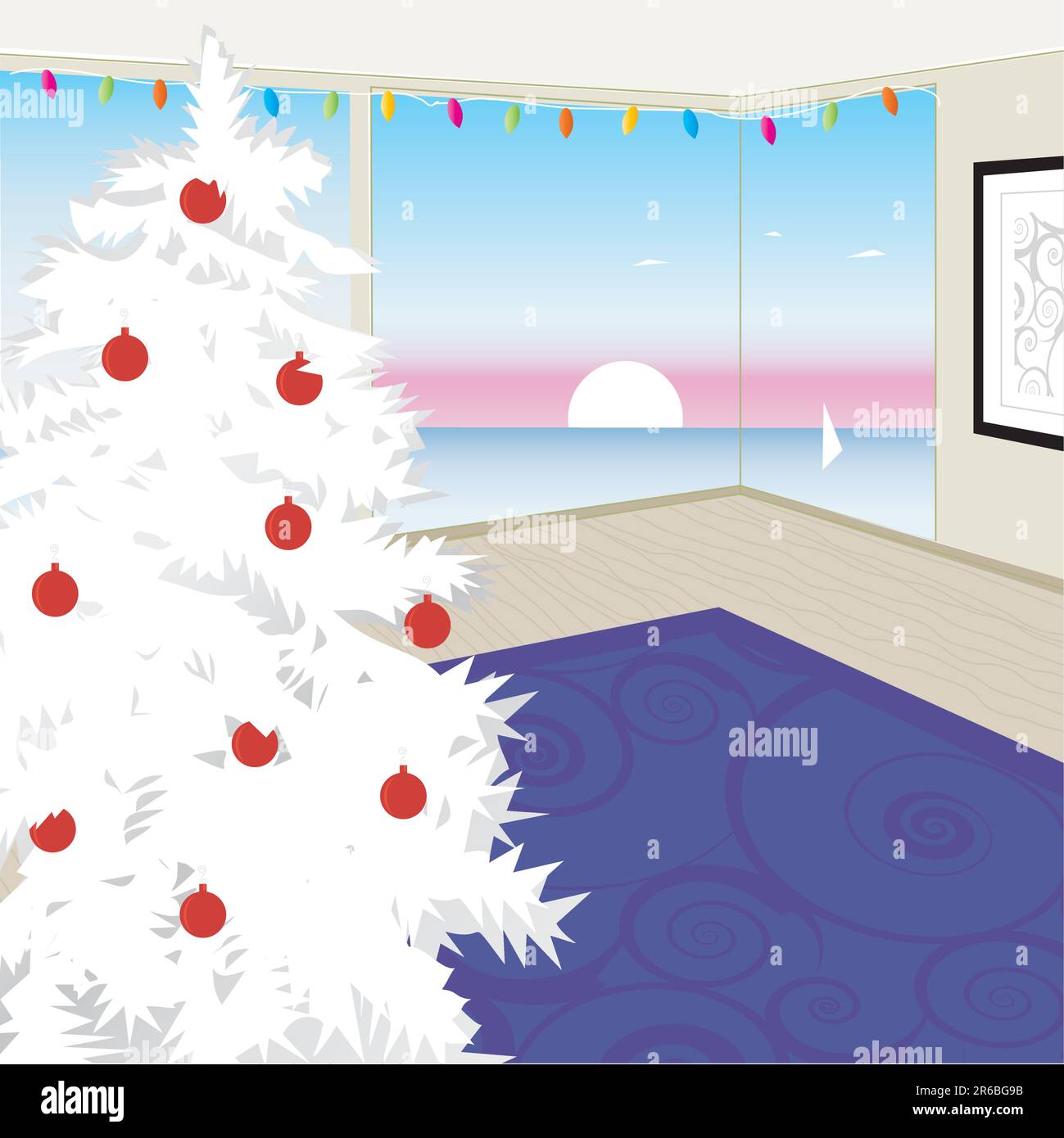 Stilisierter Weißer Weihnachtsbaum Mit Blick Auf Den Sonnenuntergang An Der Westküste. Weihnachten in Kalifornien modernes Haus. Flexible, einfach zu bearbeitende Datei Stock Vektor