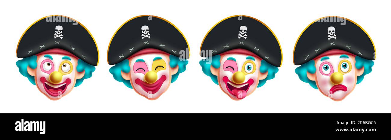 Piraten-Clown-Charaktere im Vektorset-Design. Halloween- und Geburtstagskostüm- und Maskottchen-Kollektion. Vektorgrafik-Clown-Piratenfigur Stock Vektor