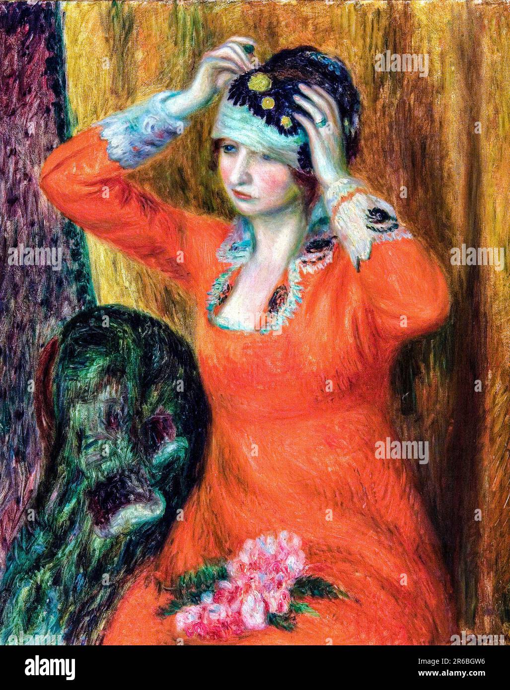 Girl in Red Dress Pinning on hat von William James Glackens Stockfoto