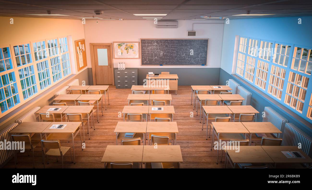 Blick auf das Klassenzimmer mit Holzschreibtisch und Fußboden. 3D-Rendern Stockfoto