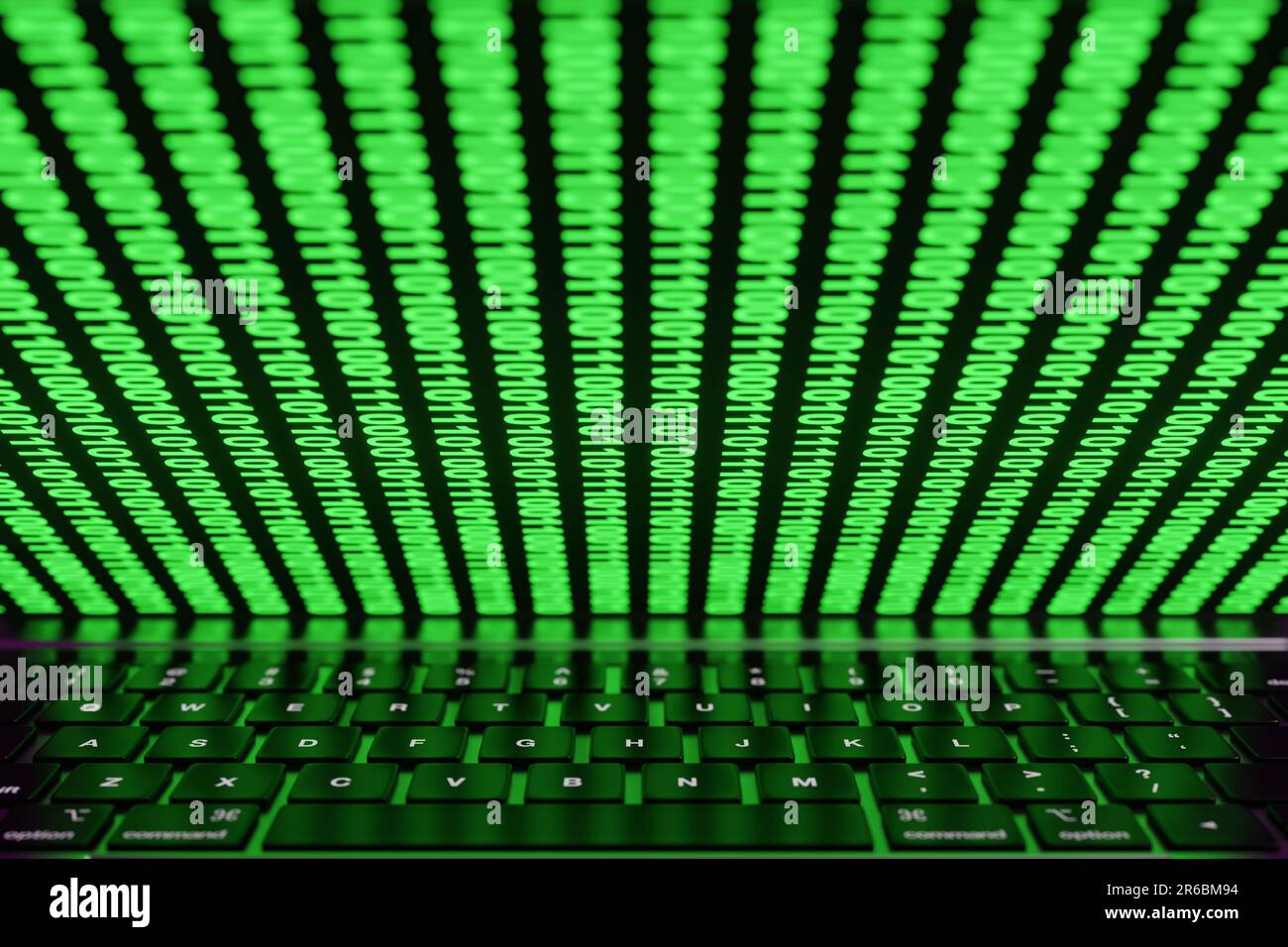 Halb geschlossener Computerbildschirm mit leuchtenden Binärzahlen auf der Tastatur des Laptops. Illustration der Internet- und Computerwelt Stockfoto