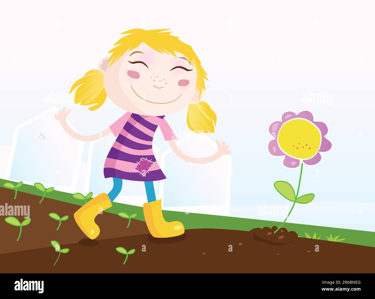 Kleines Mädchen im Garten mit Blumen. Vektordarstellung. Stock Vektor