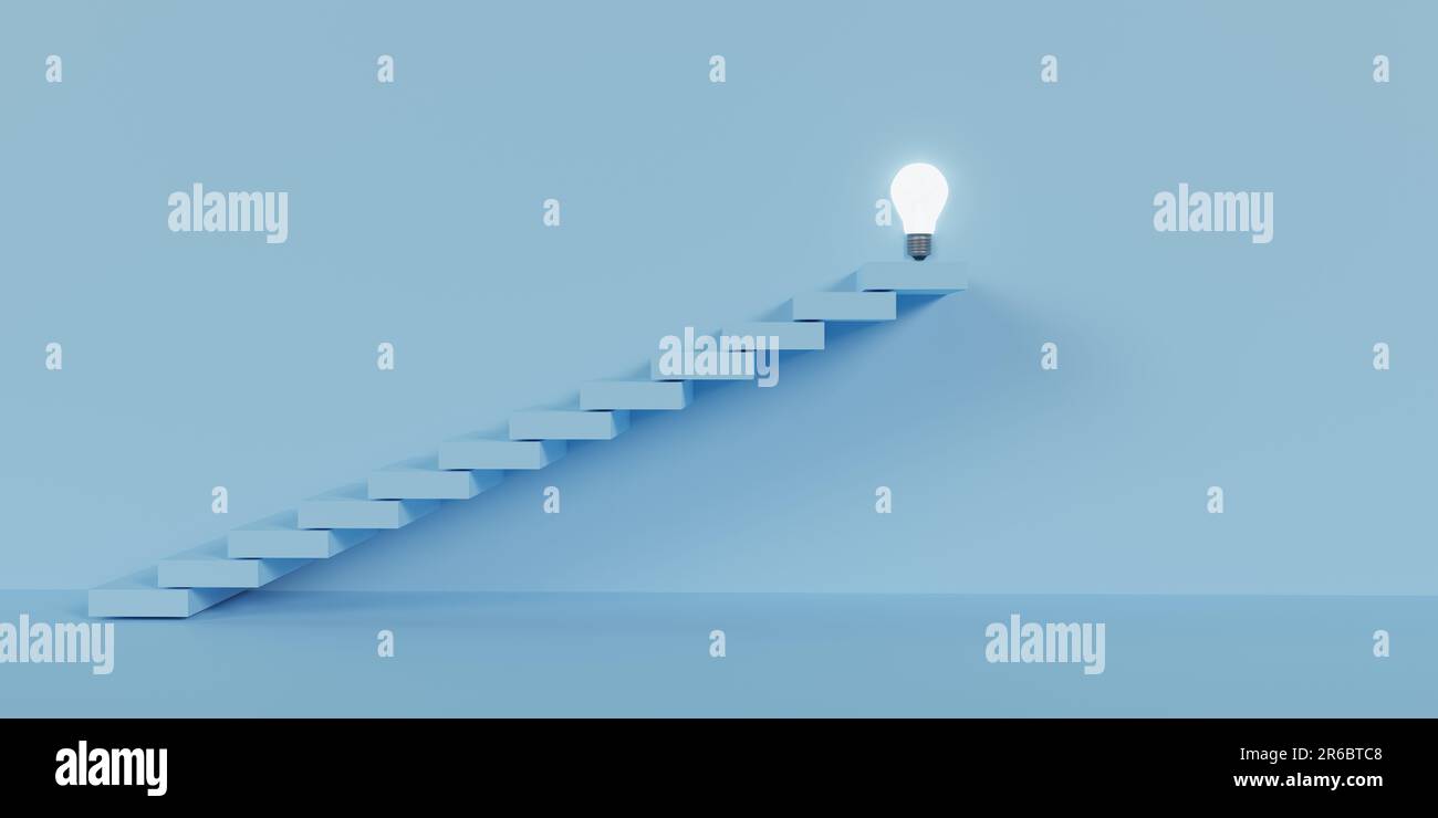 Abbildung: Blaue Schritte, die zu einer Glühbirne auf blauem Hintergrund führen Stockfoto