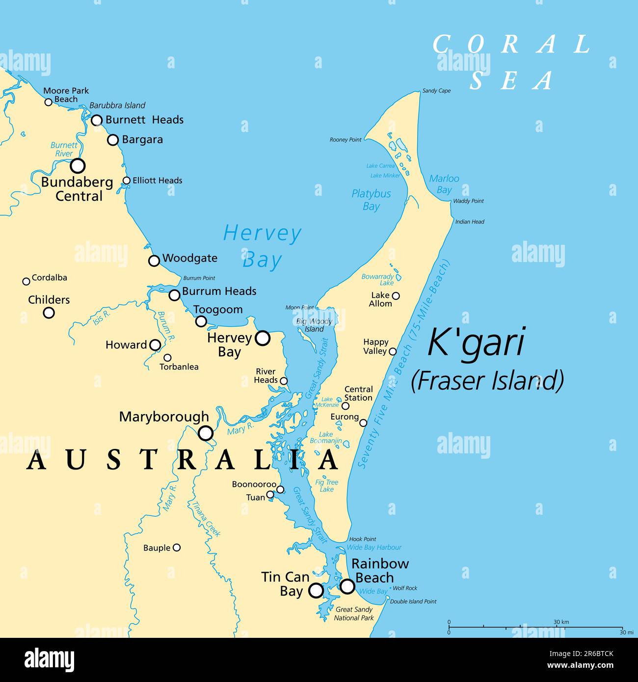 Kgari, früher Fraser Island, politische Karte. Die größte Sandinsel der Welt, entlang der Küste von Queensland, Australien, mit einem 75 Meilen langen Strand. Stockfoto
