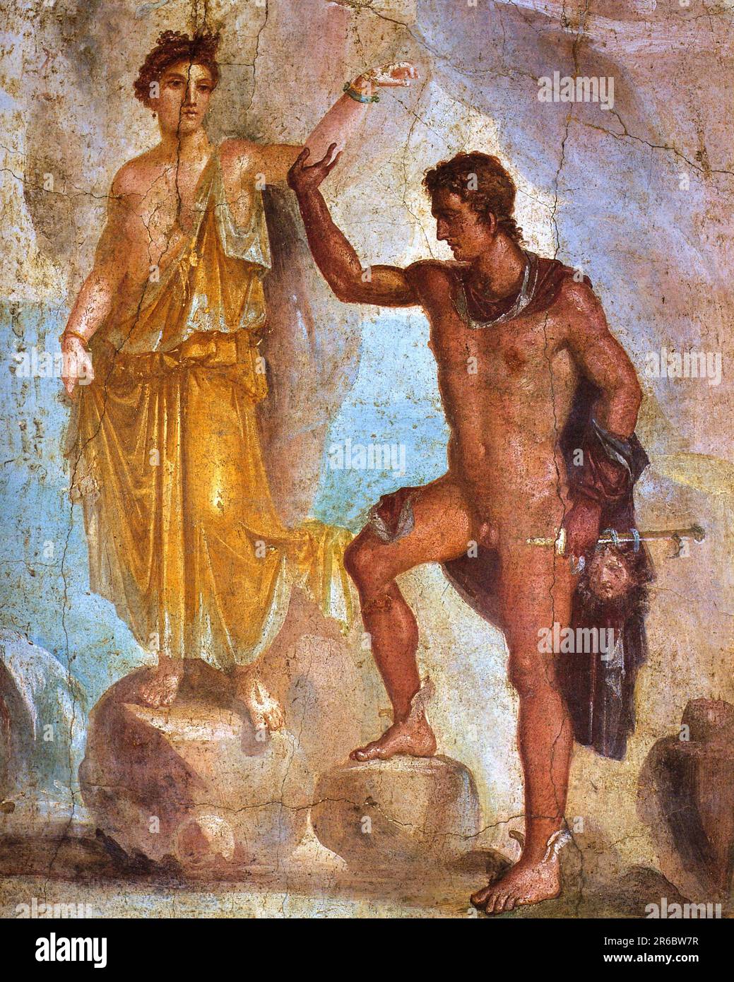 Wandgemälde von Pompeji aus der Casa dei Dioscuri, die Perseus und Andromeda Andromeda in der griechischen Mythologie darstellt, die Frau von Perseus und die Tochter des äthiopischen Königs Cepheus. Um für die Selbstüberschätzung ihrer Mutter zu büßen, wird Andromeda als Menschenopfer für ein Seeungeheuer von Poseidon angeboten und an einen Felsen gekettet, Und befreit von Perseus, historische, digital restaurierte Reproduktion aus einem Original aus dem 19. Jahrhundert / Wandmalerei aus Pompeji aus der Casa dei Dioscuri mit einer Darstellung von Perseus und Andromeda, Andromeda, in der griechischen Mythologie die Gattin des Perseus und die to Stockfoto