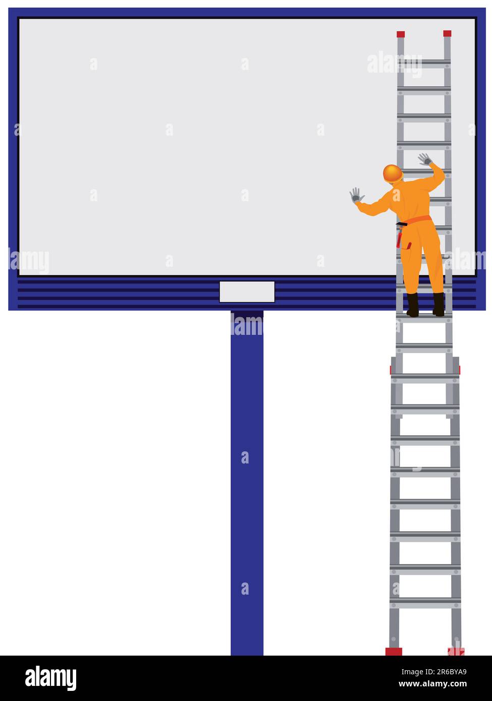 Der Mitarbeiter platziert Werbung auf einem Straßenbrett in einem Vektor Stock Vektor