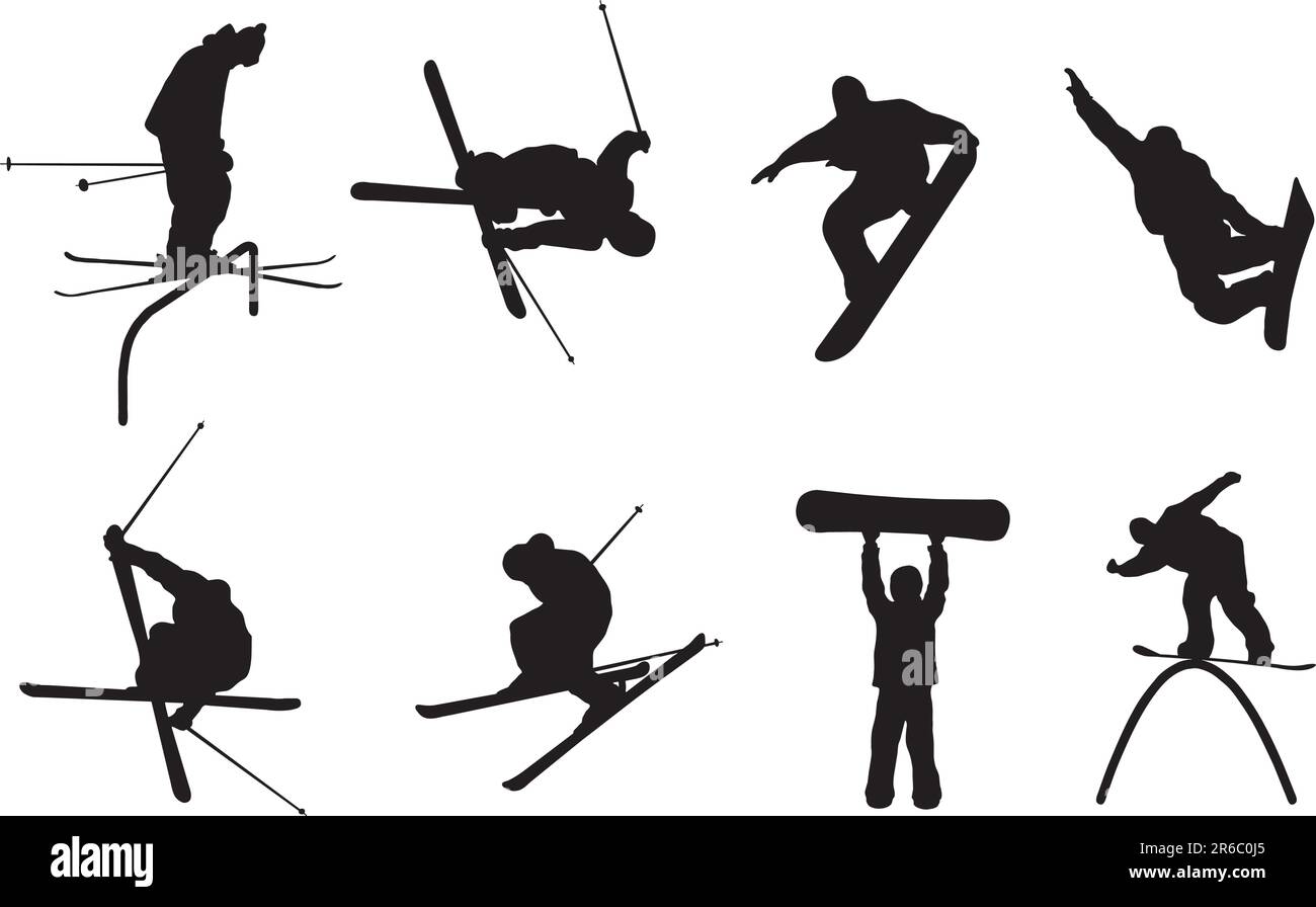 Silhouettenbilder von Skifahrern und Snowboardern. Auch als Vektor erhältlich. Stock Vektor