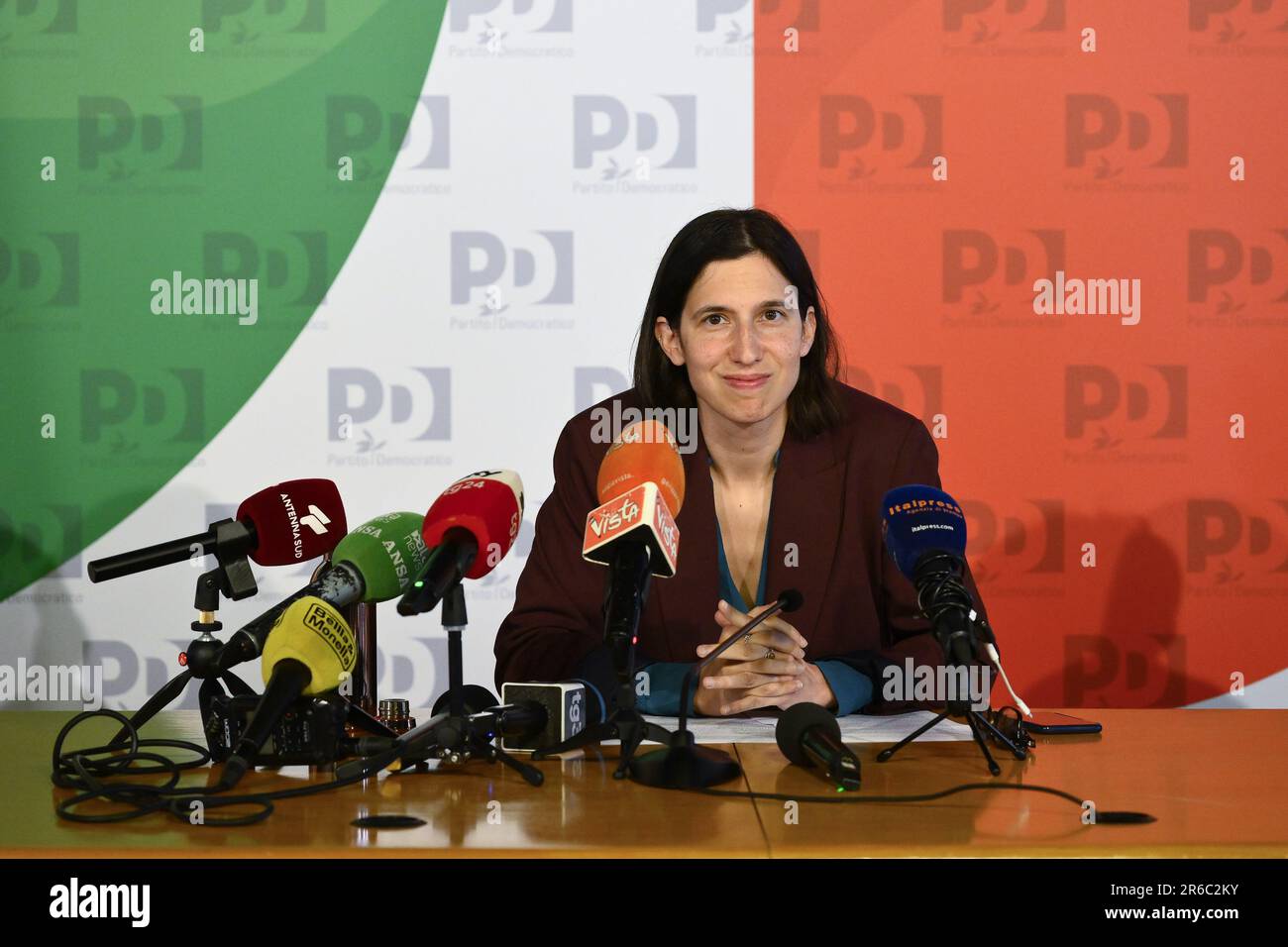 Rom, Italien. 08. Juni 2023. Elly Schlein während der Pressekonferenz der Demokratischen Partei über die Vorschläge gegen geschlechtsspezifische Gewalt, 8. Juni 2023, Hauptsitz der Demokratischen Partei, Rom, Italien. Kredit: Live Media Publishing Group/Alamy Live News Stockfoto