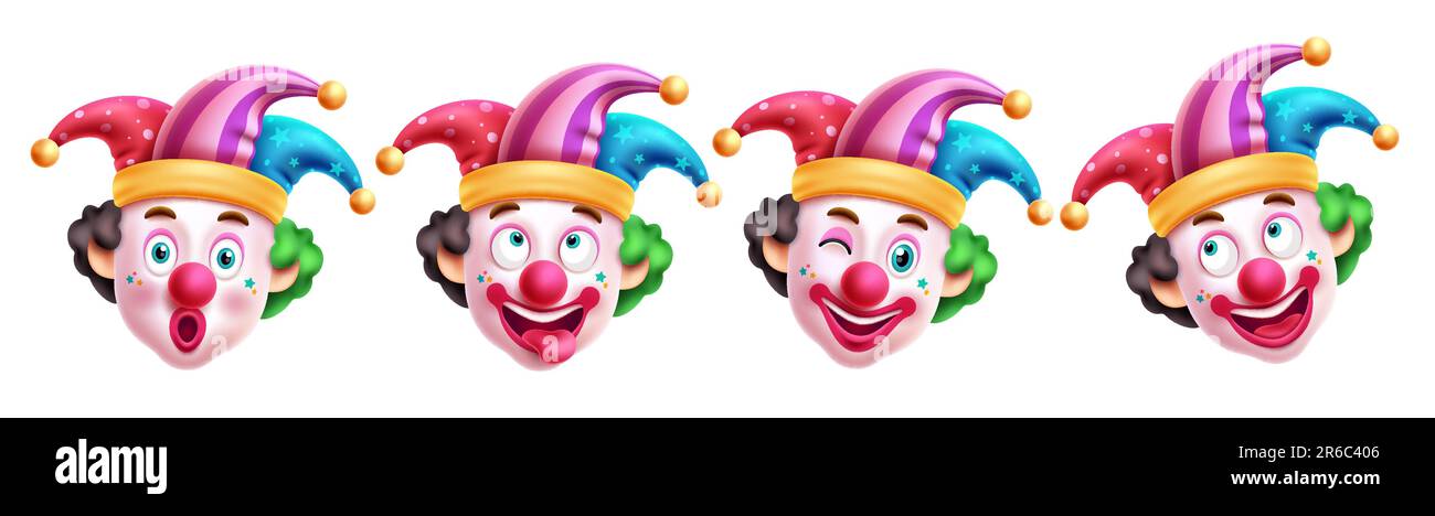 Clown-Zeichen-Vektorsatz-Design. Geburtstagsclown und Clown in lustigem, unartigem und lächelndem Gesicht mit bunten Hutelementen. Vektordarstellung Stock Vektor