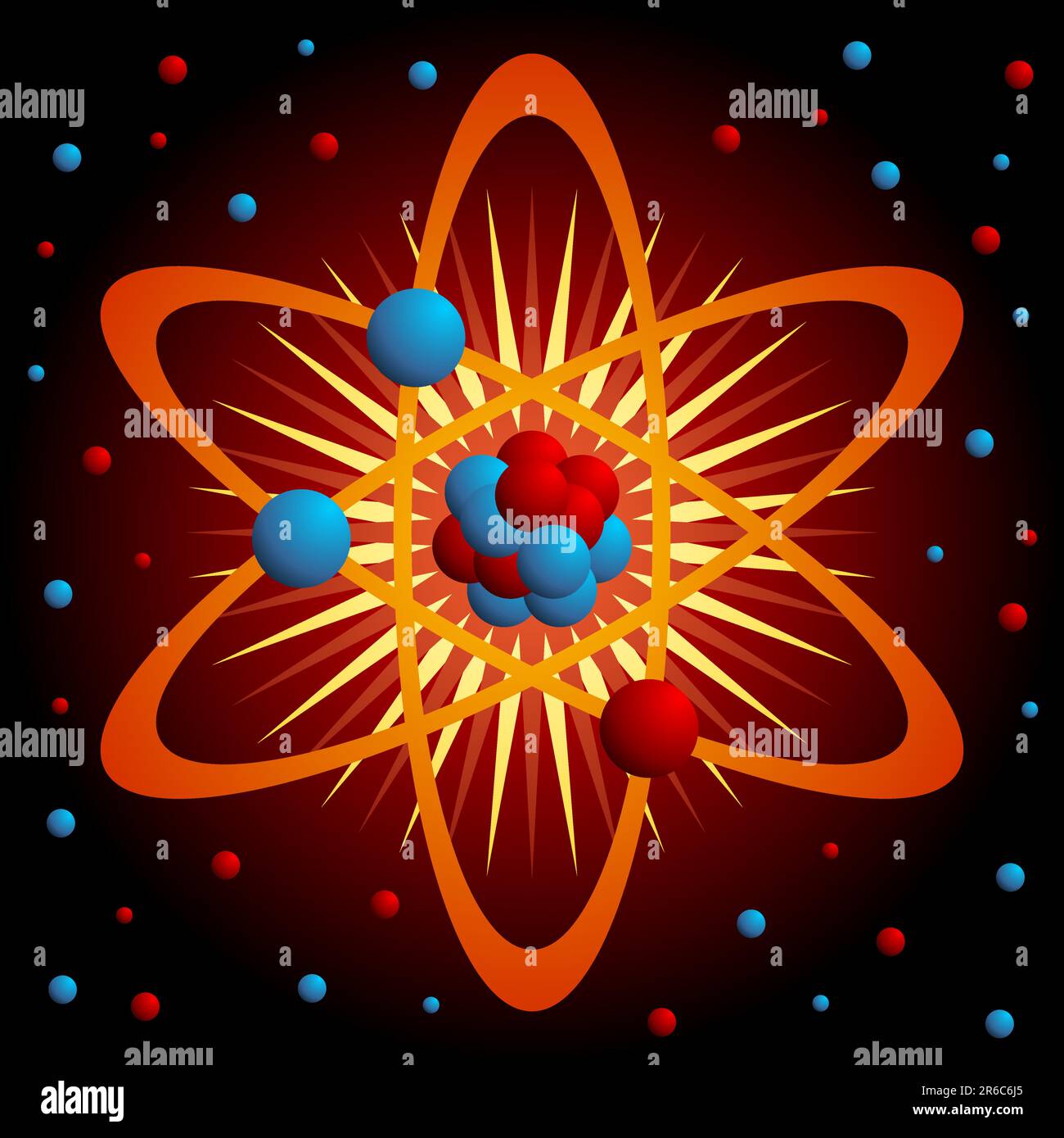 Atom-Symbol auf sehr dunkelrotem Hintergrund Stock Vektor