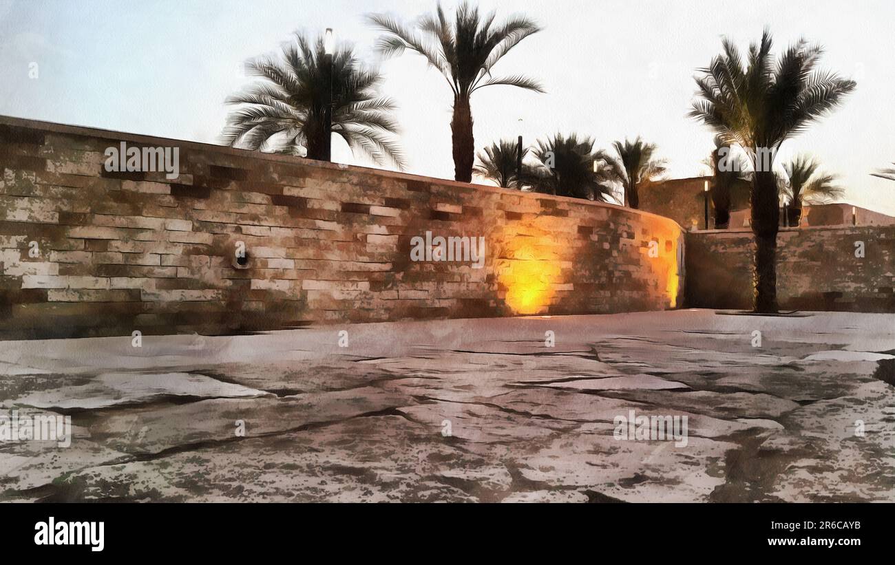 Eine Illustration einer Ecke der traditionellen saudischen Stadt in Riad, Aldereyah. Stockfoto