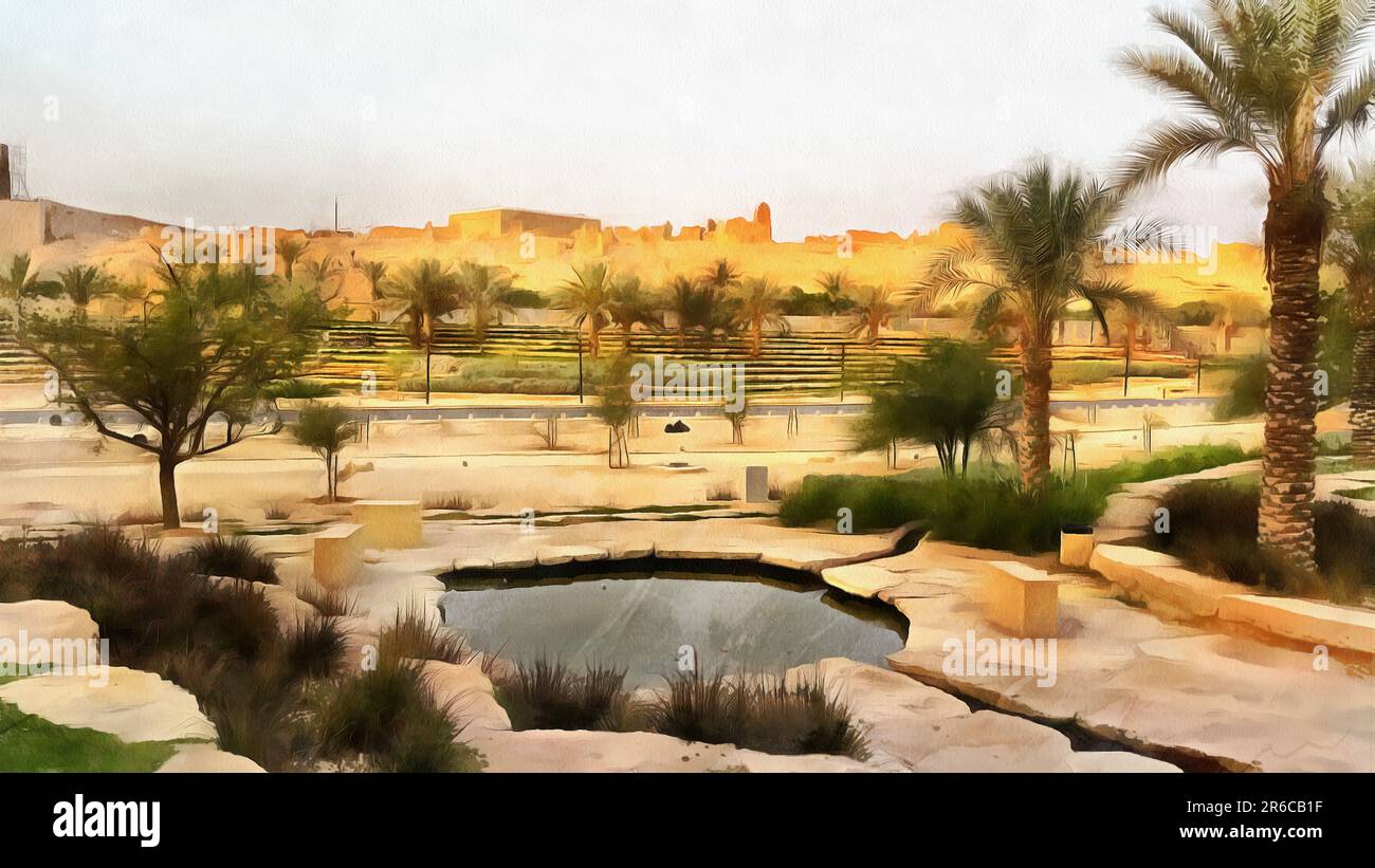 Eine Illustration der traditionellen arabischen Stadt, in Saudi-arabien, Aldereya Gegend in Riad Stadt. Stockfoto