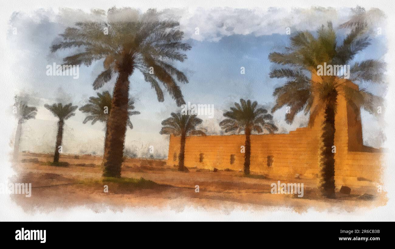 Eine Illustration des traditionellen arabischen Golfpalastes von außen, mit mehreren Palmen umgeben. Stockfoto