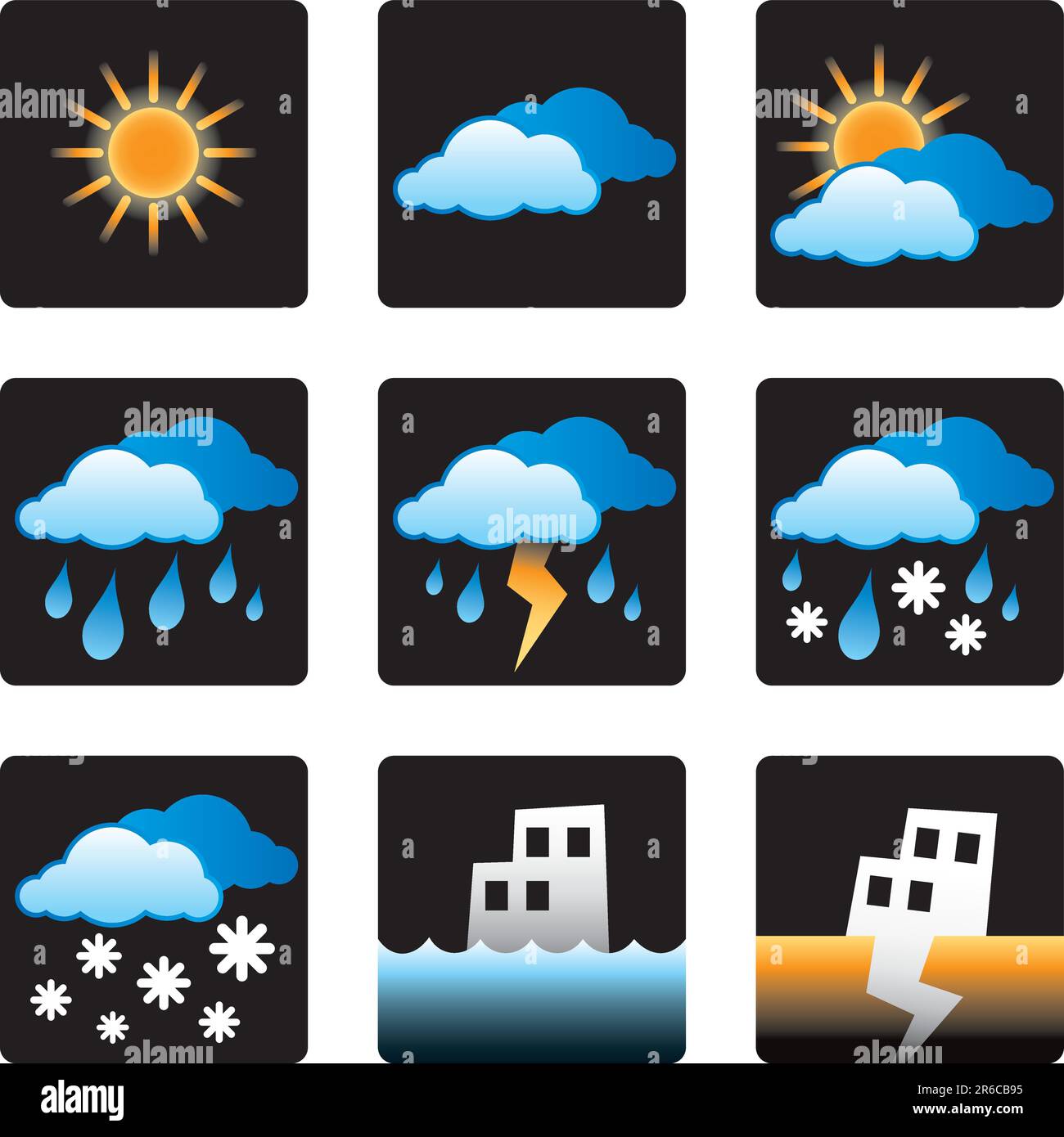 Wetter, Wettervorhersage, Sonne, Sonne, Wolke, bewölkt, bewölkt, Regen, Regen, Sturm, Schnee, Überschwemmung, Erdbeben, Umgebung, Symbole, Symbole, Vektor, Design... Stock Vektor
