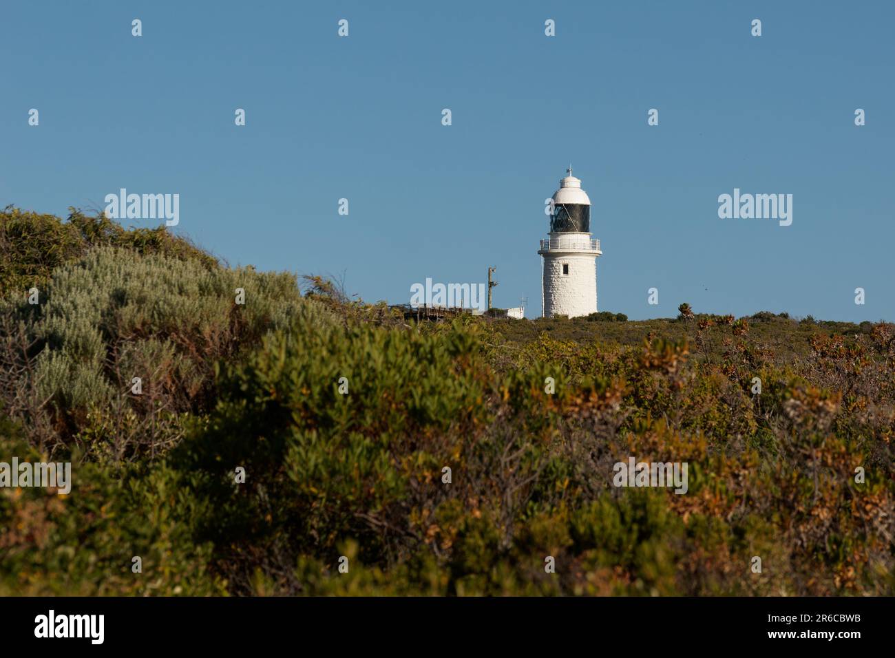 Cape Naturaliste Lighthouse im Südwesten von Westaustralien, hoher zylindrischer weißer Turm mit Fresnel-Linse, erbaut aus Kalkstein, der aus dem Jahr n stammt Stockfoto