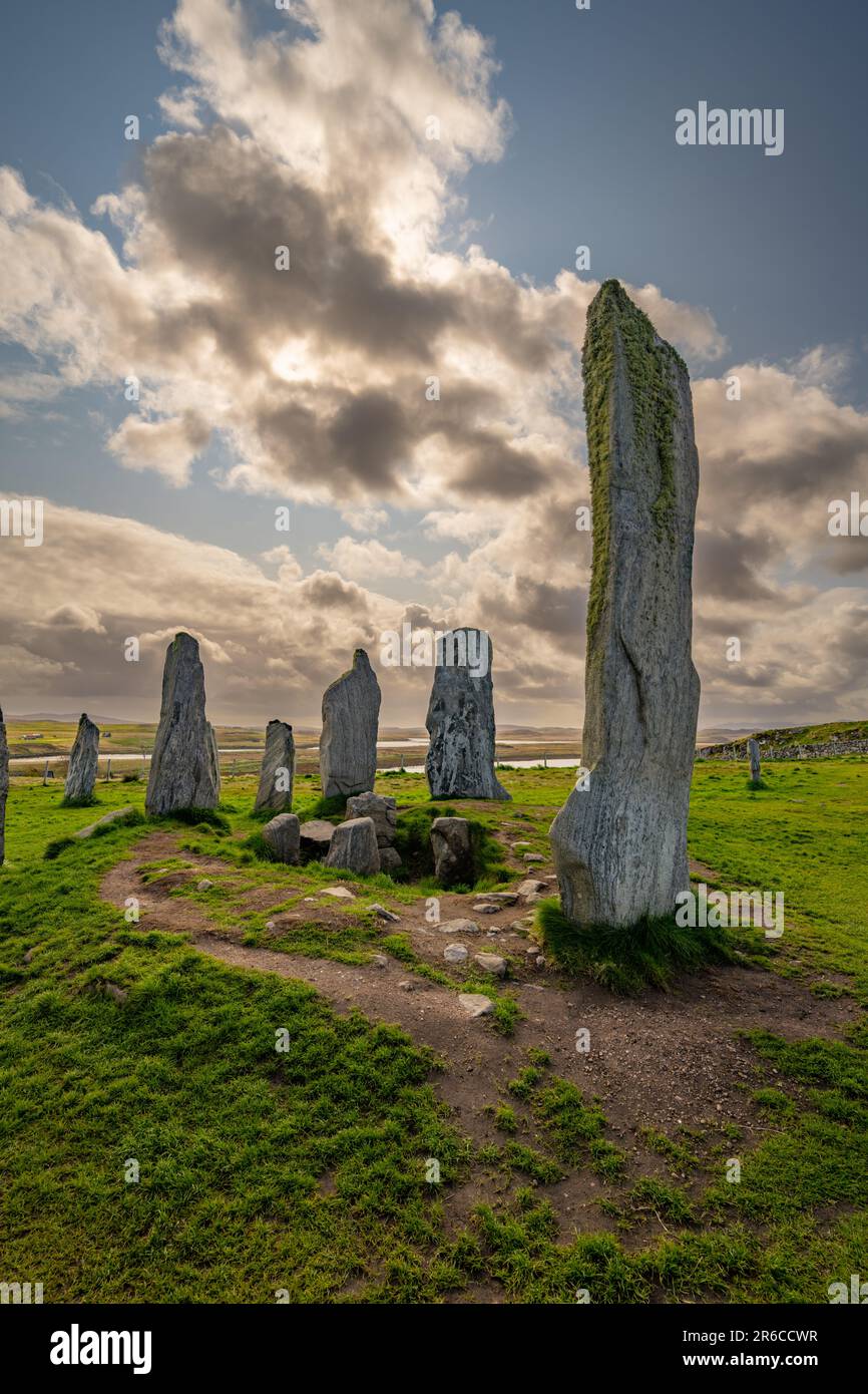 der jungsteinzeitliche Steinkreis der Callanischen (Calanais) Insel Lewis Stockfoto