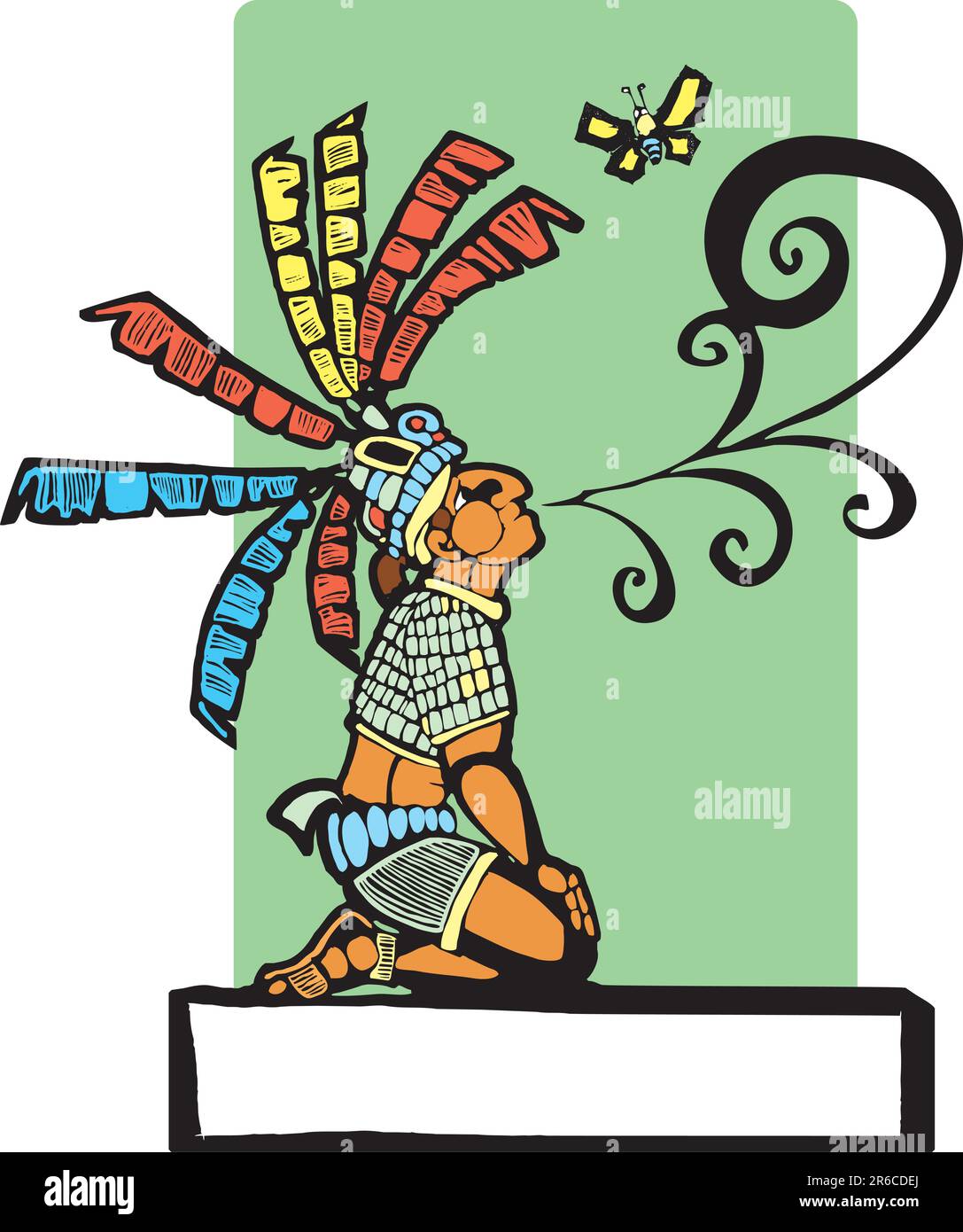Maya-Geschichtenerzähler mit Rede Schriftrolle aus seinem Mund und Schmetterling. Stock Vektor