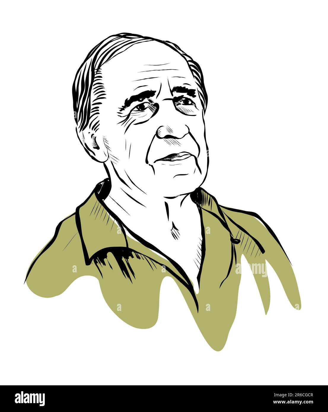 Pierre Boulez Porträtbild, Illustration, handgezeichnete Skizze isoliert auf weißem Hintergrund Stockfoto