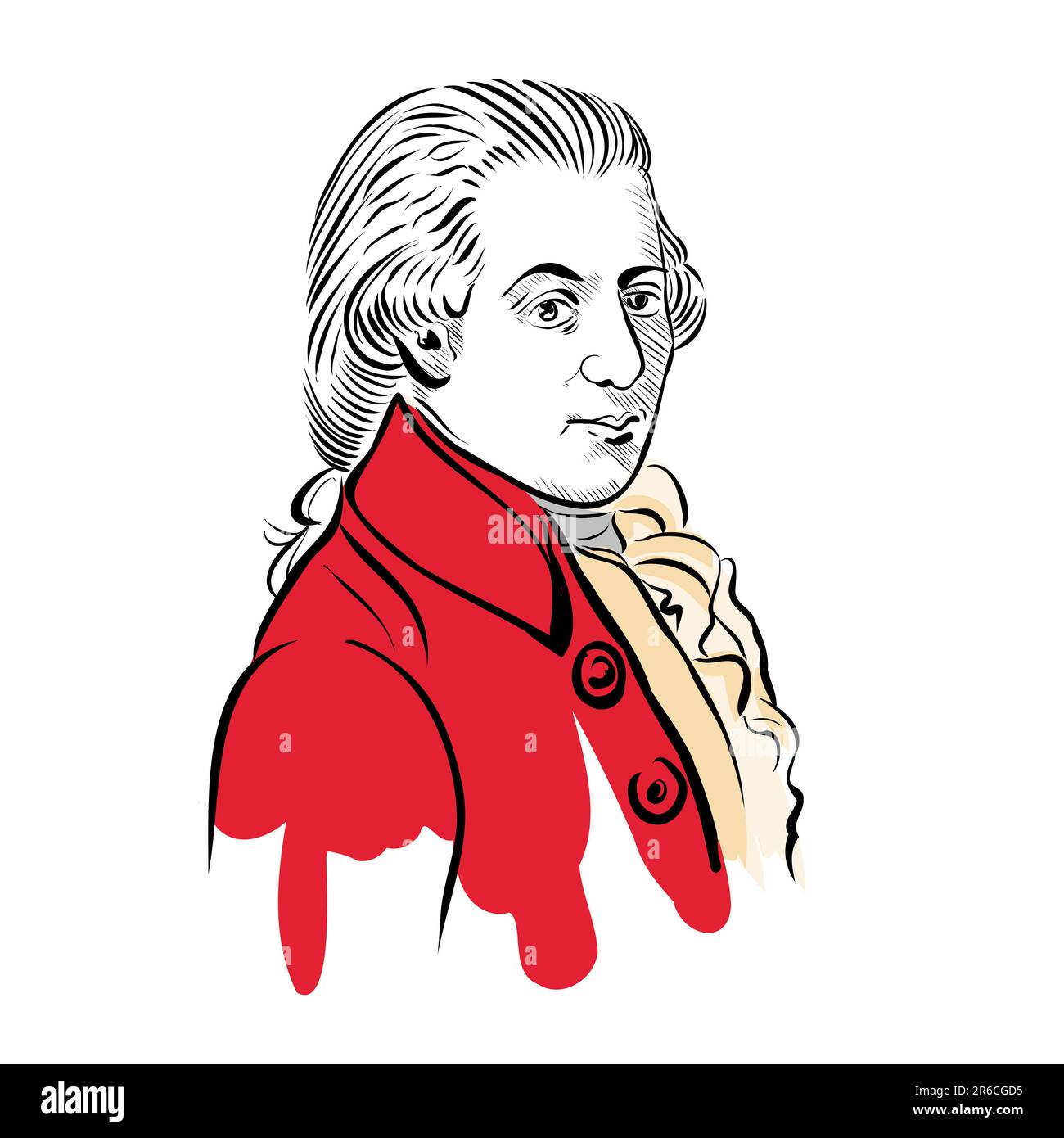 Mozart, Wolfgang Amadeus, Porträtbild, Vektordarstellung, von Hand gezeichnete Schwarzweißskizze, isoliert auf weißem Hintergrund Stockfoto