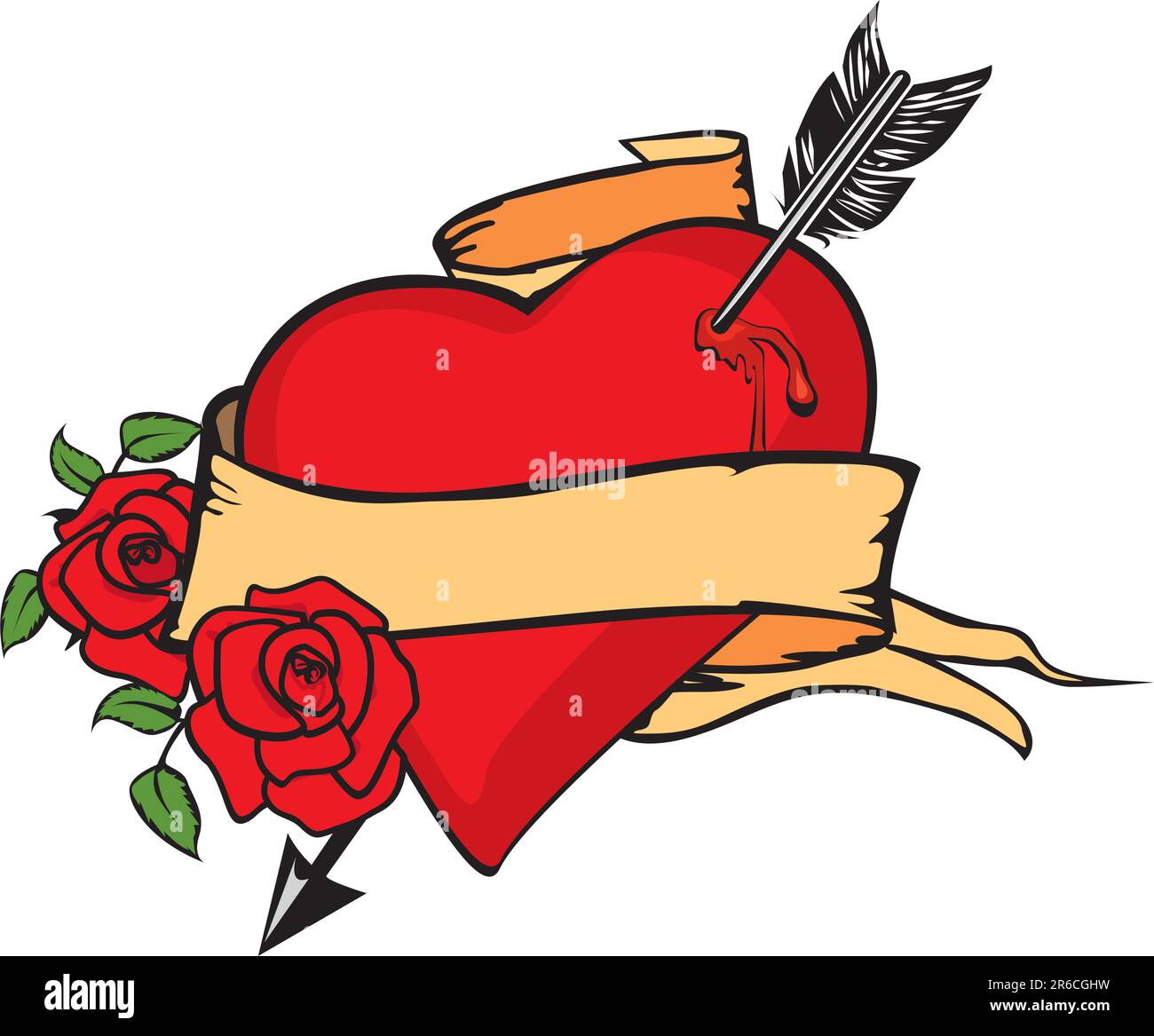 Herz aufgespießt durch Pfeil mit zwei Rosen Stock Vektor