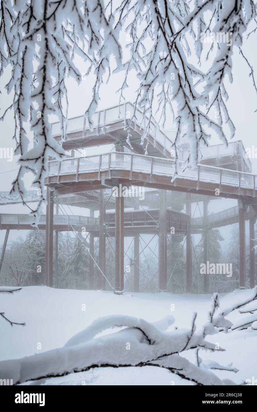 Hölzerner Fußweg durch Baumkronen, genannt Stezka Valaska in den Beskydy Bergen, Tschechische republik. Gefrorener Skywalk im Winter, wunderschöne Aussichtsplattform in Nat Stockfoto