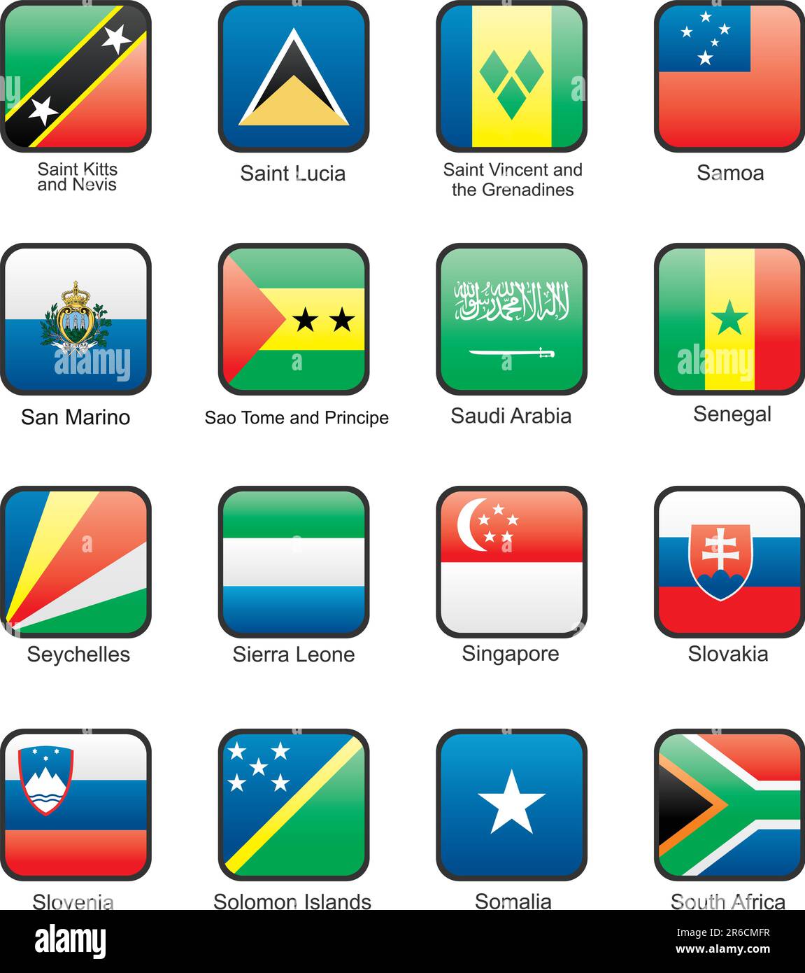 St. Kitts und Nevis, St. Lucia, St. Vincent und die Grenadinen, Samoa, San Marino, Sao Tomé und Principe, Saudi-Arabien, Senegal, Seychellen,... Stock Vektor