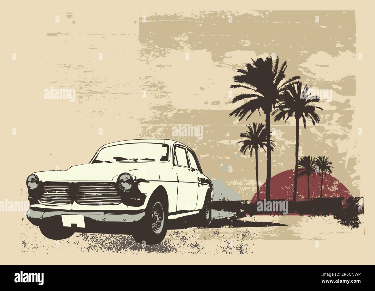 Vektor-Illustration von Oldtimer-am Strand mit Palmen und Sonnenuntergang Stock Vektor