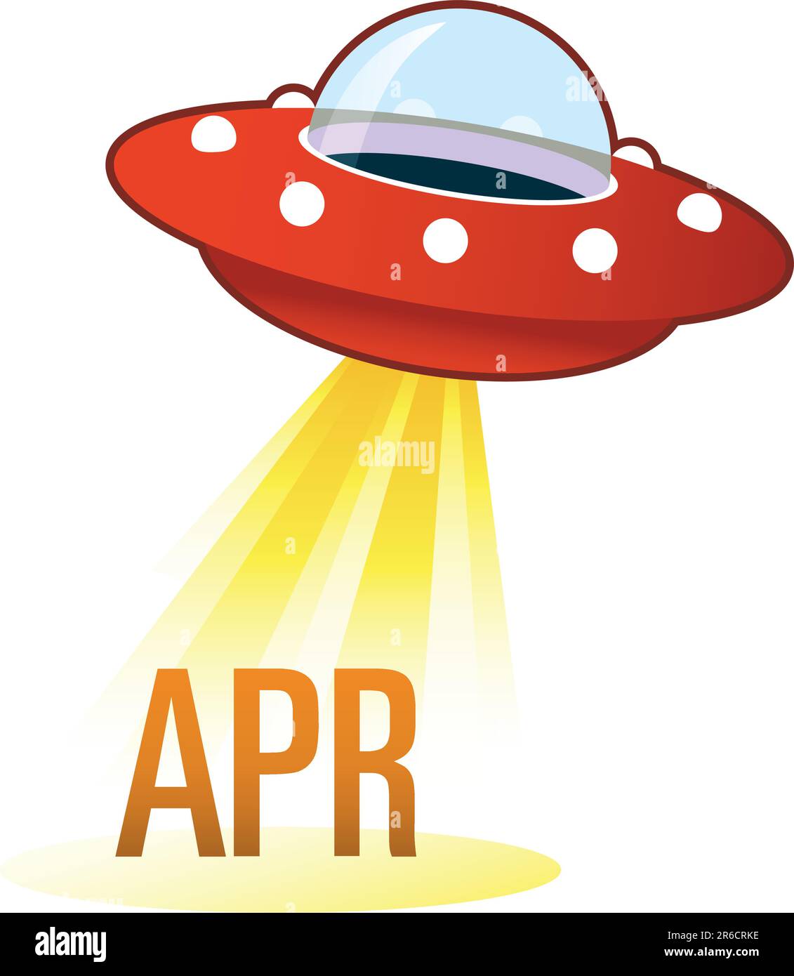 Kalendermonatssymbol im April über fliegende UFO-Untertasse im Retro-Look mit Lichtstrahl. Geeignet für die Verwendung im Internet, in gedruckten Medien und auf Werbematerialien. Stock Vektor