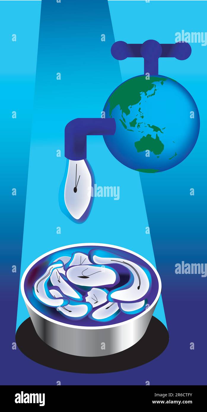 vektordarstellung für einen Wasserhahn von der Global und der Timer leckt, bedeutet Zeit wie Wasser, vorbei wie der Globus, und spart uns Zeit. Stock Vektor
