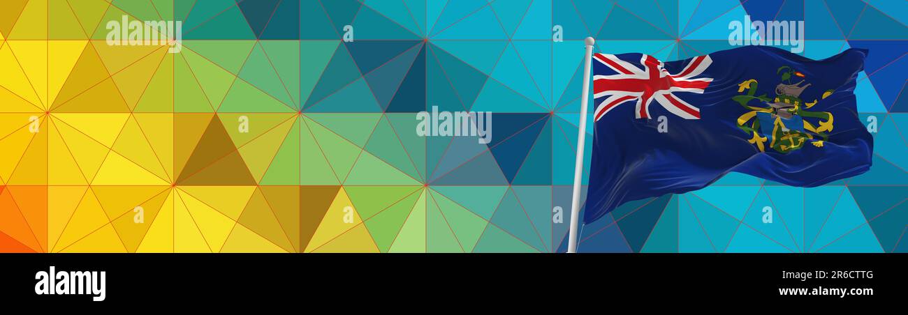 Offizielle Flagge der Pitcairninseln, die im farbenfrohen Hintergrund winkt, Panoramablick. Reise- und Patriotskonzept. Kopierbereich für breites Banner. 3D Illustration Stockfoto