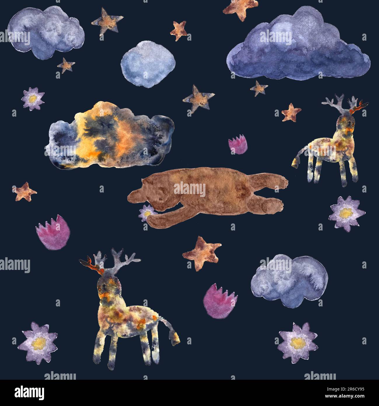 Handgemalte, wasserfarbene Wildtiere mit Silhouettenmuster Stockfoto