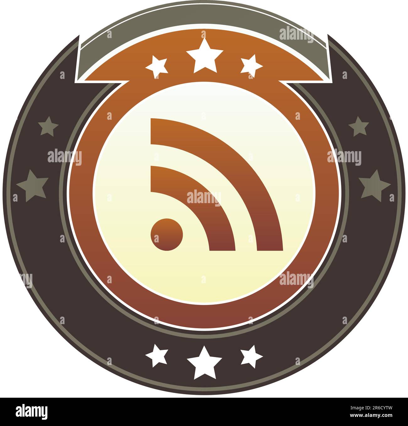 RSS-Feed-Symbol auf runder roter und brauner kaiserlicher Vektorschaltfläche mit Sternakzenten, geeignet für die Verwendung auf der Website, in Druck- und Werbematerialien und... Stock Vektor
