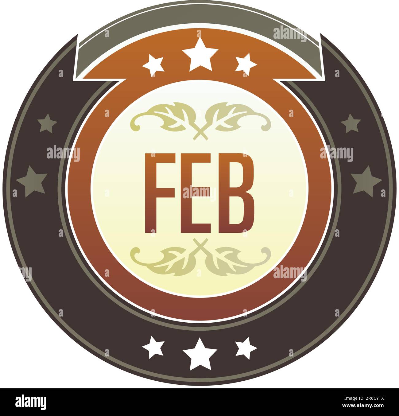 Kalendersymbol für den Monat Februar auf rundem rot-braunem kaiserlichen Vektorknopf mit Sternakzenten geeignet für die Verwendung auf der Website, in Printmedien und Werbespots ... Stock Vektor