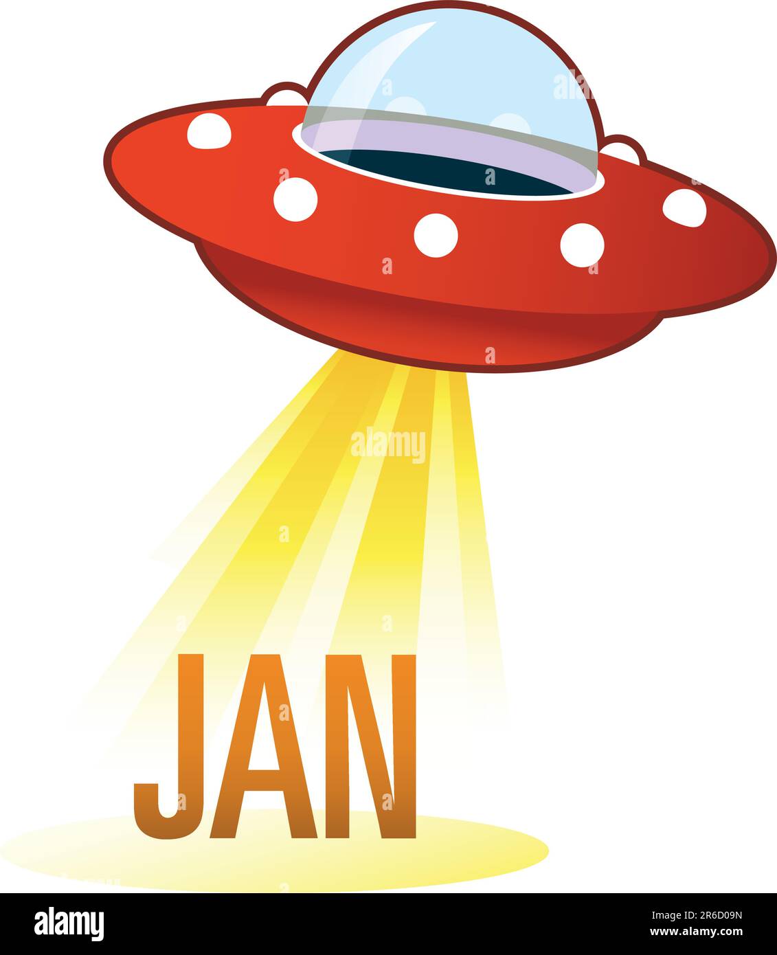 Kalendermonatssymbol im Januar auf fliegendem UFO-Retro mit Lichtstrahl. Geeignet für die Verwendung im Internet, in gedruckten Medien und auf Werbematerialien. Stock Vektor